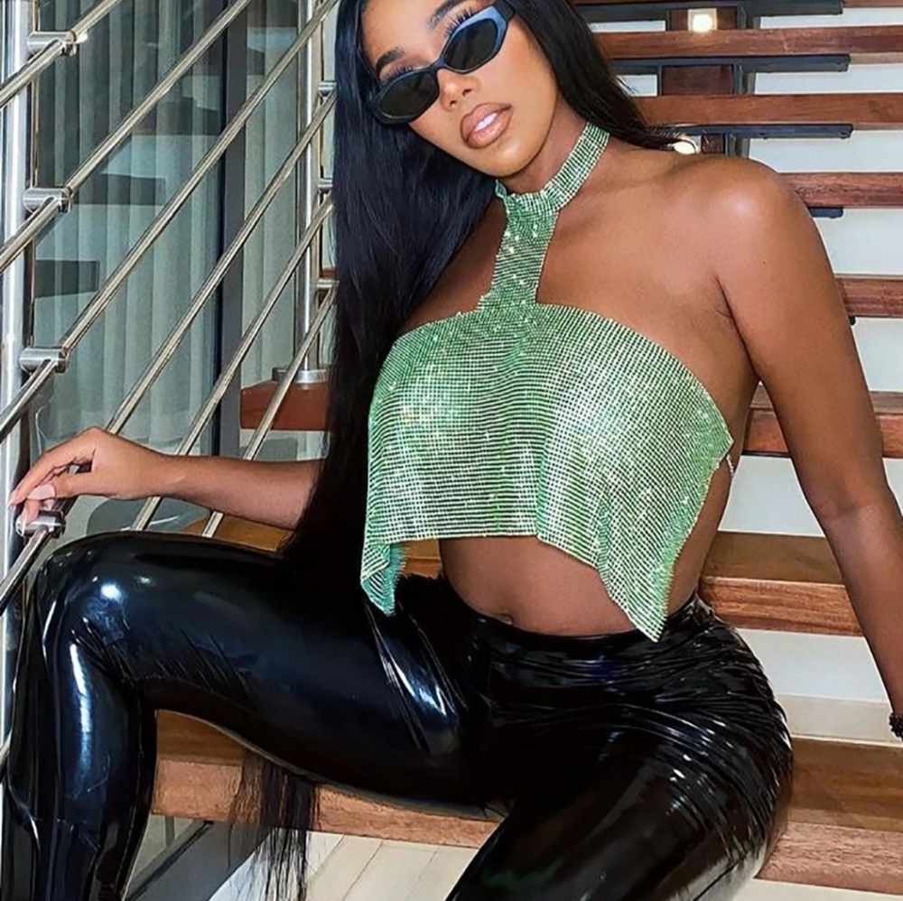 Green Rhinestone Crop Top, Size XS.